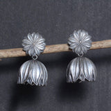 Oxidized Lotus Jhumka Earrings
