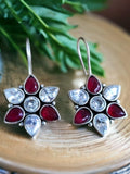 Oxidised Floral Hook Earrings with Multi-Color Stones | Sarichka