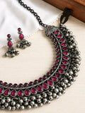 Traditional Silver Replica Oxidised Stones Necklace Set with Ghungroos | AMOLA