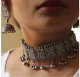 Antique Silver Look Alike Choker Set with Jhumkas | Sarichka Fashion