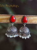 German Silver Oxidised Pan Pearl Jhumka Earrings for Tradition | AMOLA