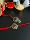 Antique Floral Bhaiya-Bhabhi Rakhi Combo with Red Stone | AMOLA