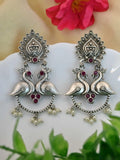 Antique Silver-Plated Peacock Dangler Earrings with Intricate Design | Sarichka