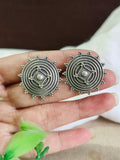 Silver Plated Round Oxidised Stud Earrings for Women | Sarichka
