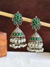German Silver Green Stone Oxidized Jhumkas | Sarichka