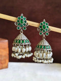 German Silver Green Stone Oxidized Jhumkas | Sarichka