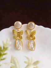 Golden Pearl-Beaded Butterfly Drop Earrings | Sarichka