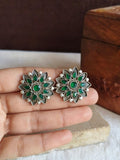 Oxidised silver Stone Floral Stud Earrings | AMOLA