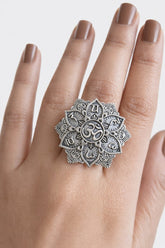 Oxidized Silver Plated Lotus Om Ring | Sarichka