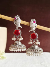 Traditional Silver Replica Peacock Jhumka Earrings with Monalisa Stone | Sarichka