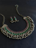 Traditional Silver Replica Oxidised Stones Necklace Set with Ghungroos | AMOLA