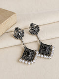 Oxidized Geometric Stone Pearl Drop Earrings | AMOLA