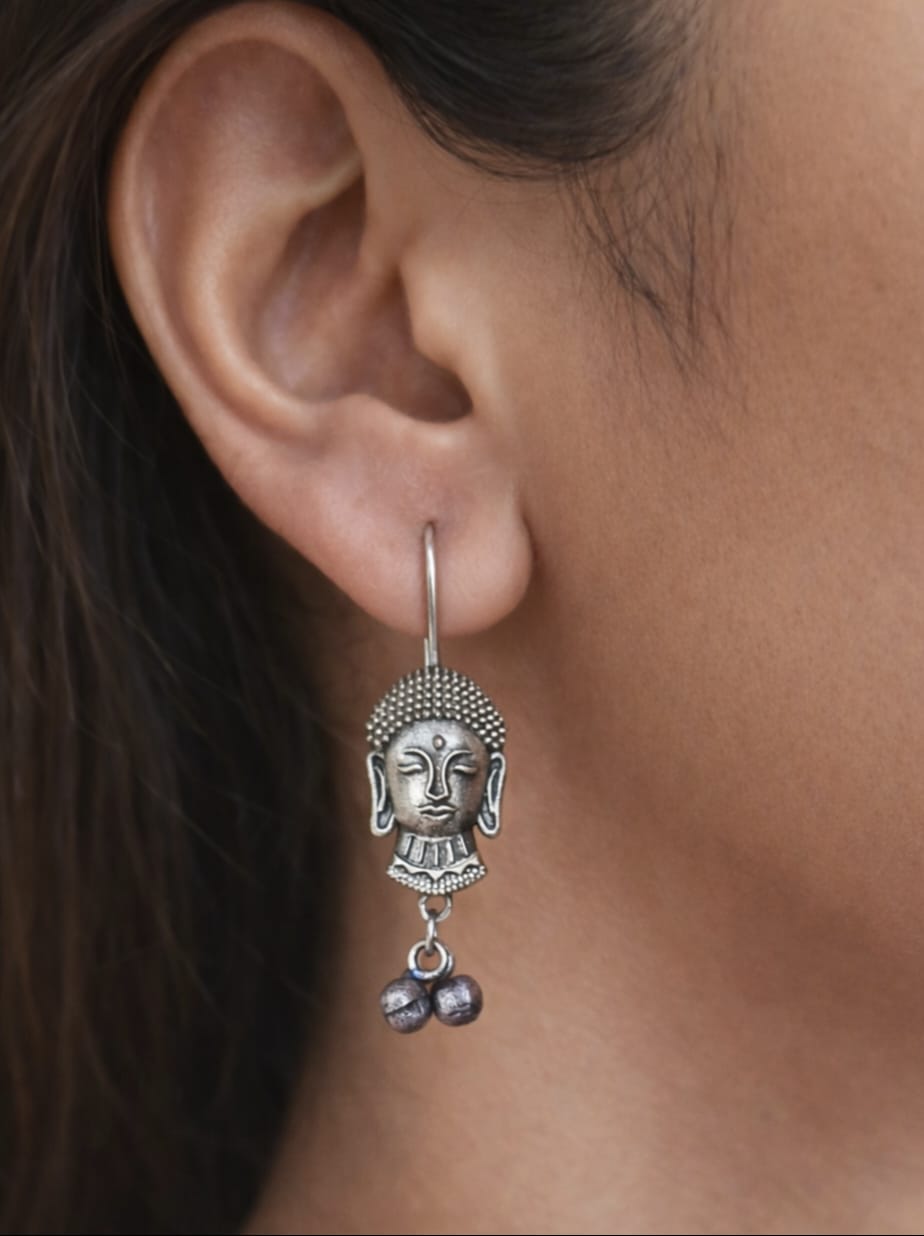 Antique Silver Buddha Face Hook Earrings  | AMOLA