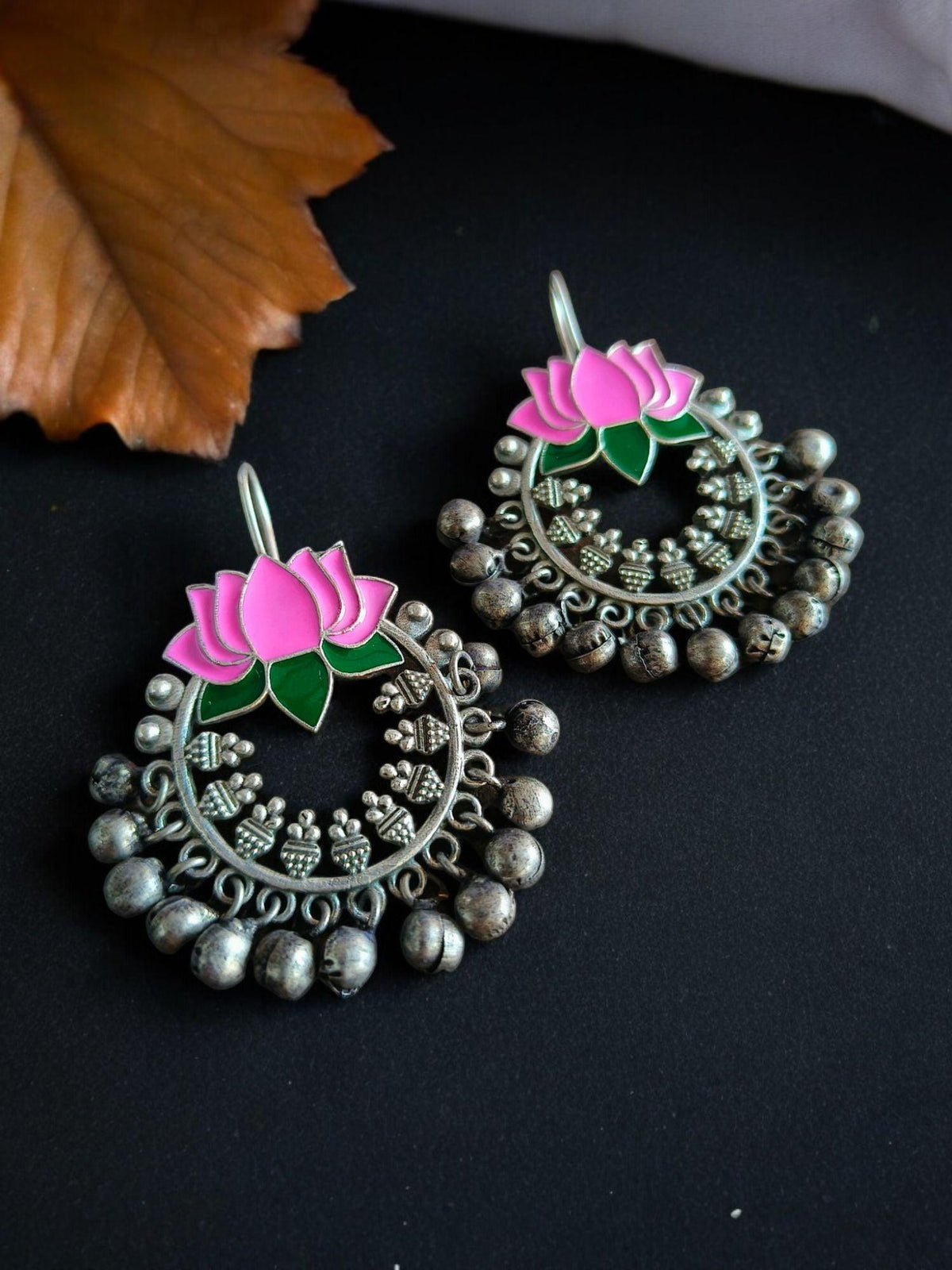 Lotus Enamel Hook Earrings with Ghungroo | Sarichka