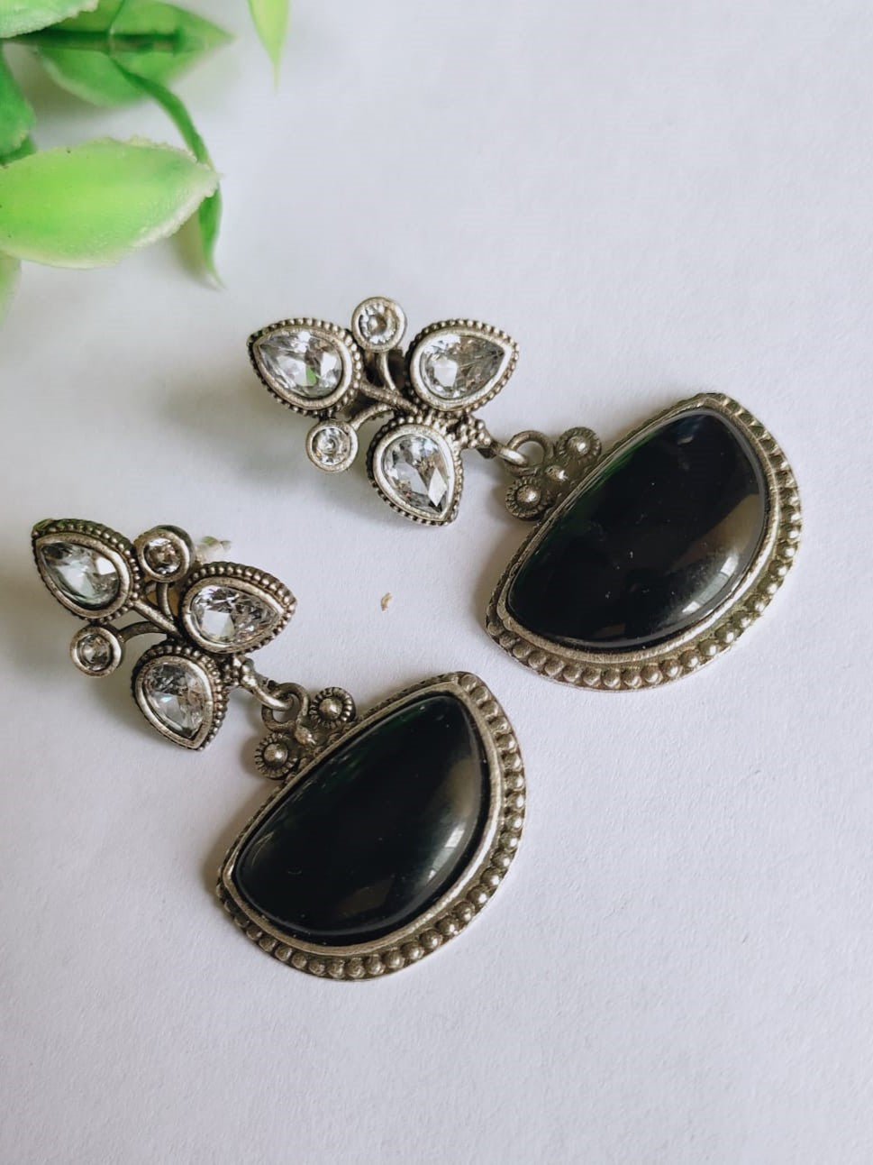 Oxidised Silver Look-Alike Stone D-Shape Dangler Earrings | Sarichka