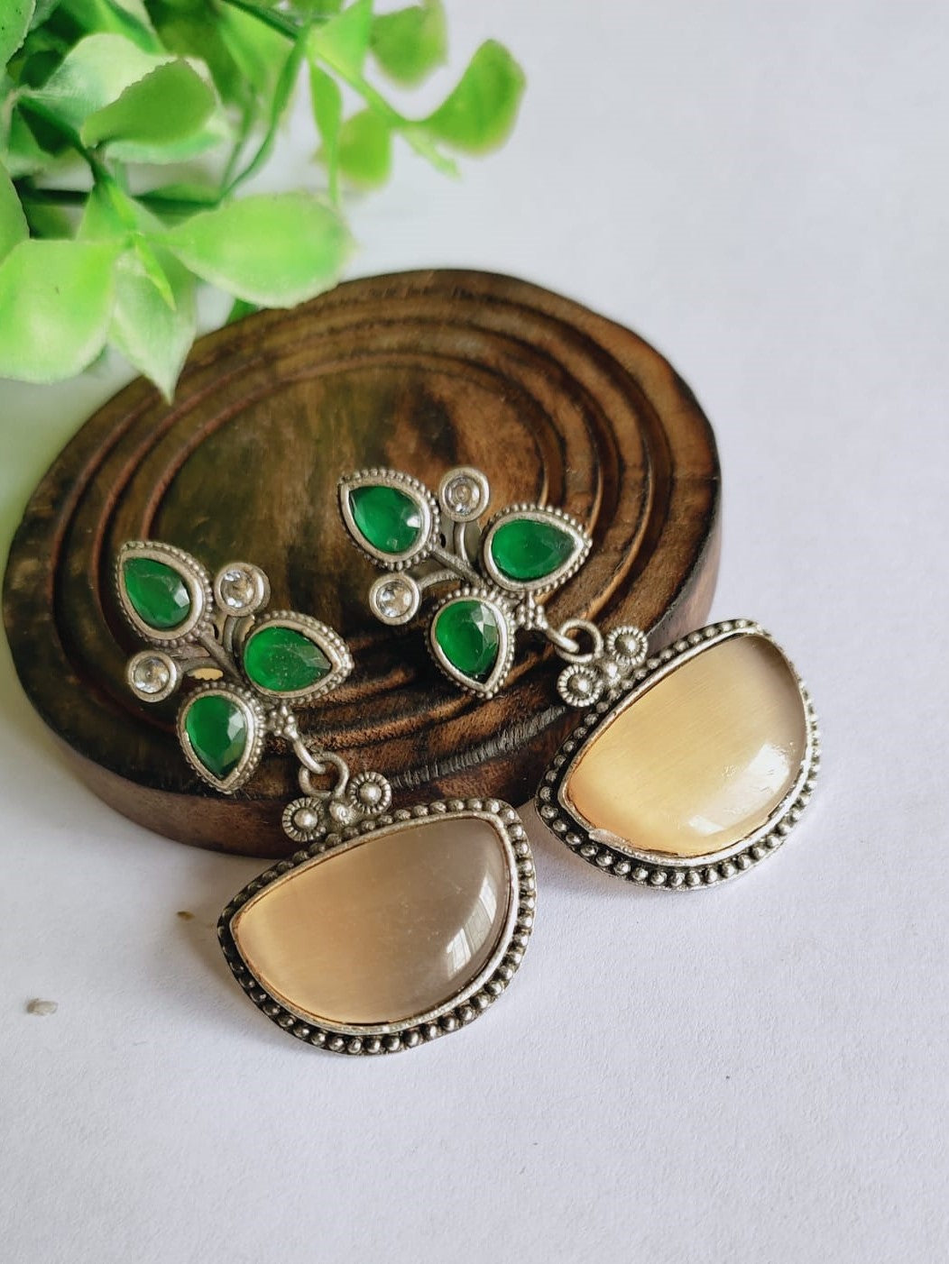 Oxidised Silver Look-Alike Stone D-Shape Dangler Earrings | Sarichka