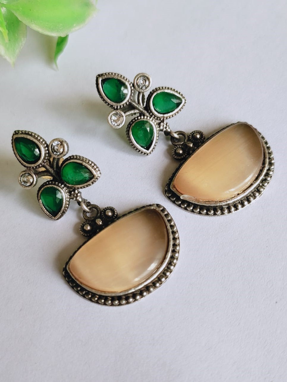 Oxidised Silver Look-Alike Stone D-Shape Dangler Earrings | Sarichka