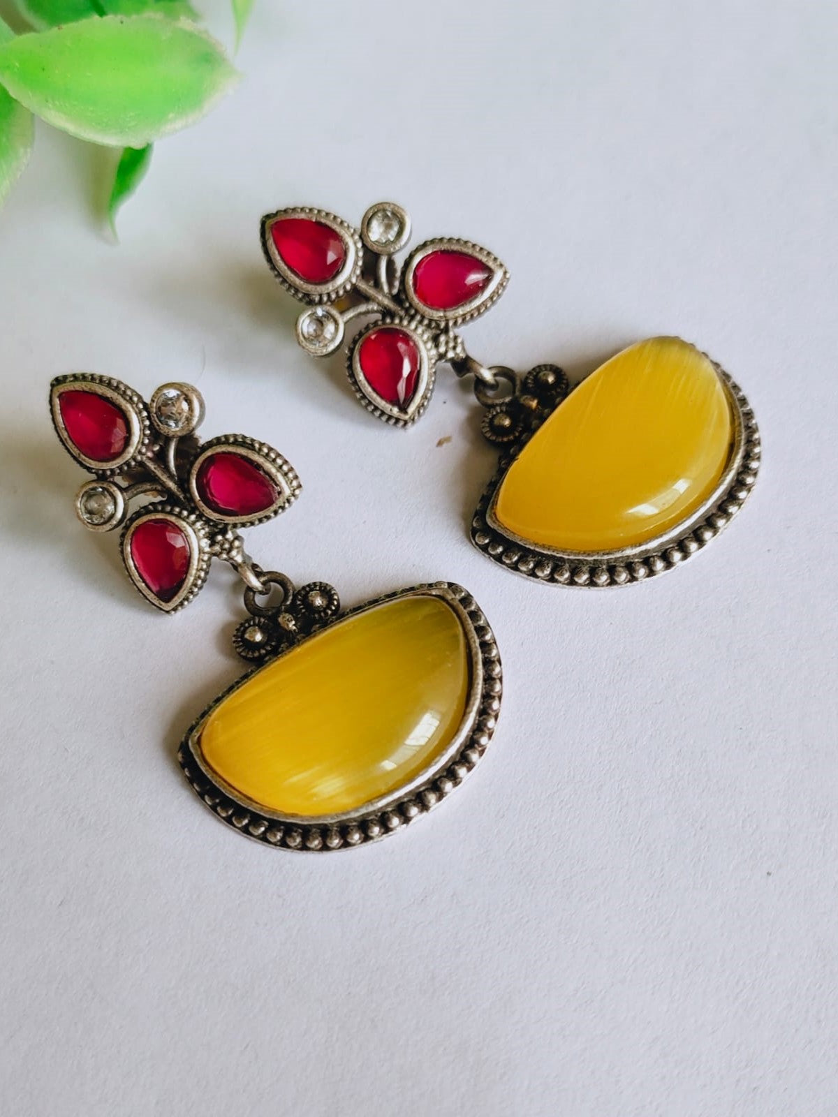 Oxidised Silver Look-Alike Stone D-Shape Dangler Earrings | Sarichka
