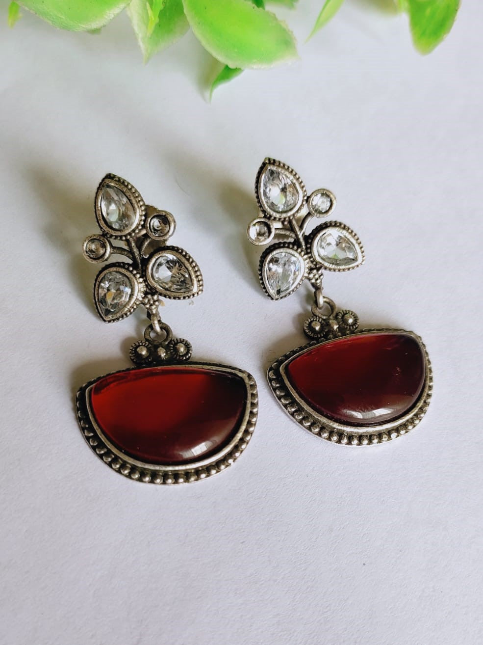 Oxidised Silver Look-Alike Stone D-Shape Dangler Earrings | Sarichka
