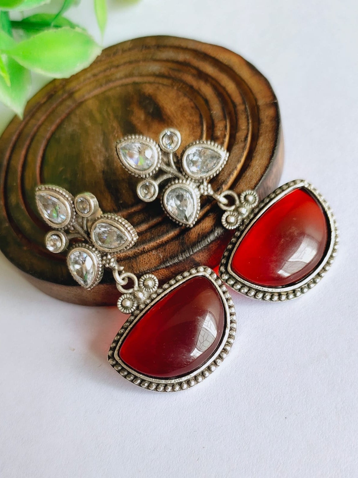 Oxidised Silver Look-Alike Stone D-Shape Dangler Earrings | Sarichka