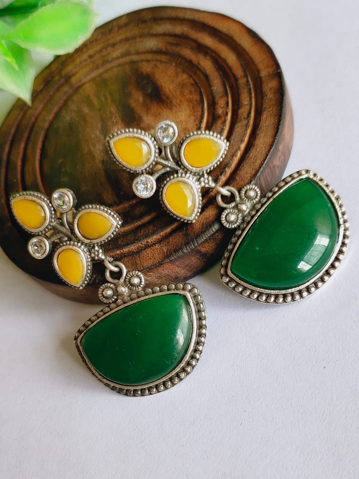 Oxidised Silver Look-Alike Stone D-Shape Dangler Earrings | Sarichka
