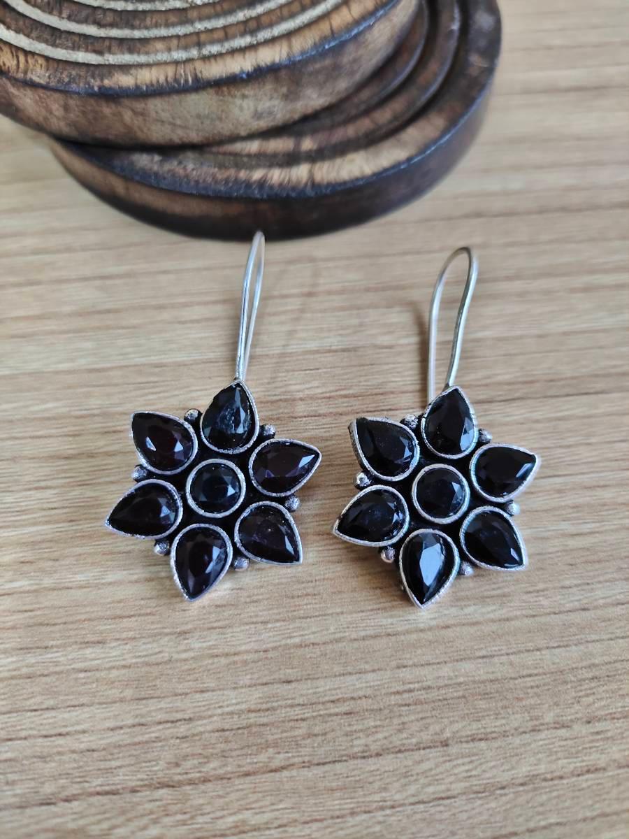 Oxidised Floral Hook Earrings with Multi-Color Stones | Sarichka