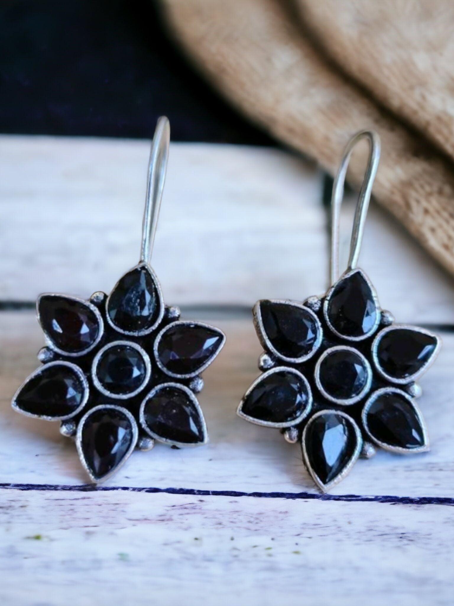 Oxidised Floral Hook Earrings with Multi-Color Stones | Sarichka