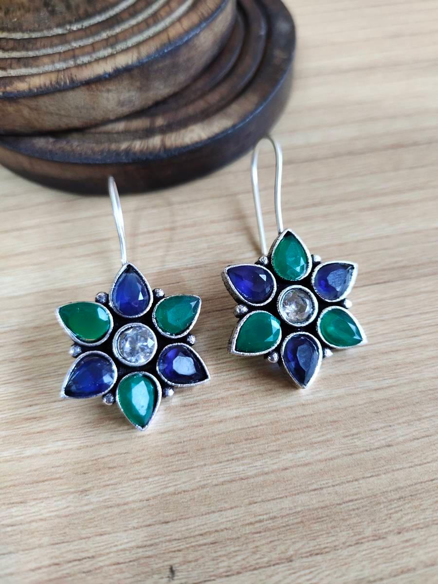 Oxidised Floral Hook Earrings with Multi-Color Stones | Sarichka