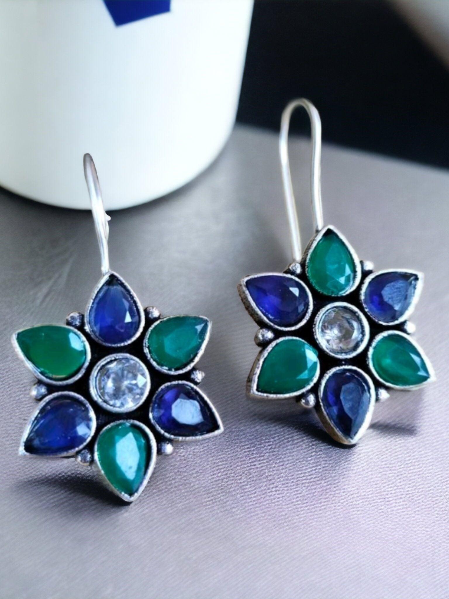 Oxidised Floral Hook Earrings with Multi-Color Stones | Sarichka