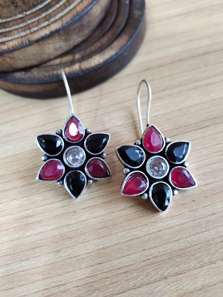 Oxidised Floral Hook Earrings with Multi-Color Stones | Sarichka