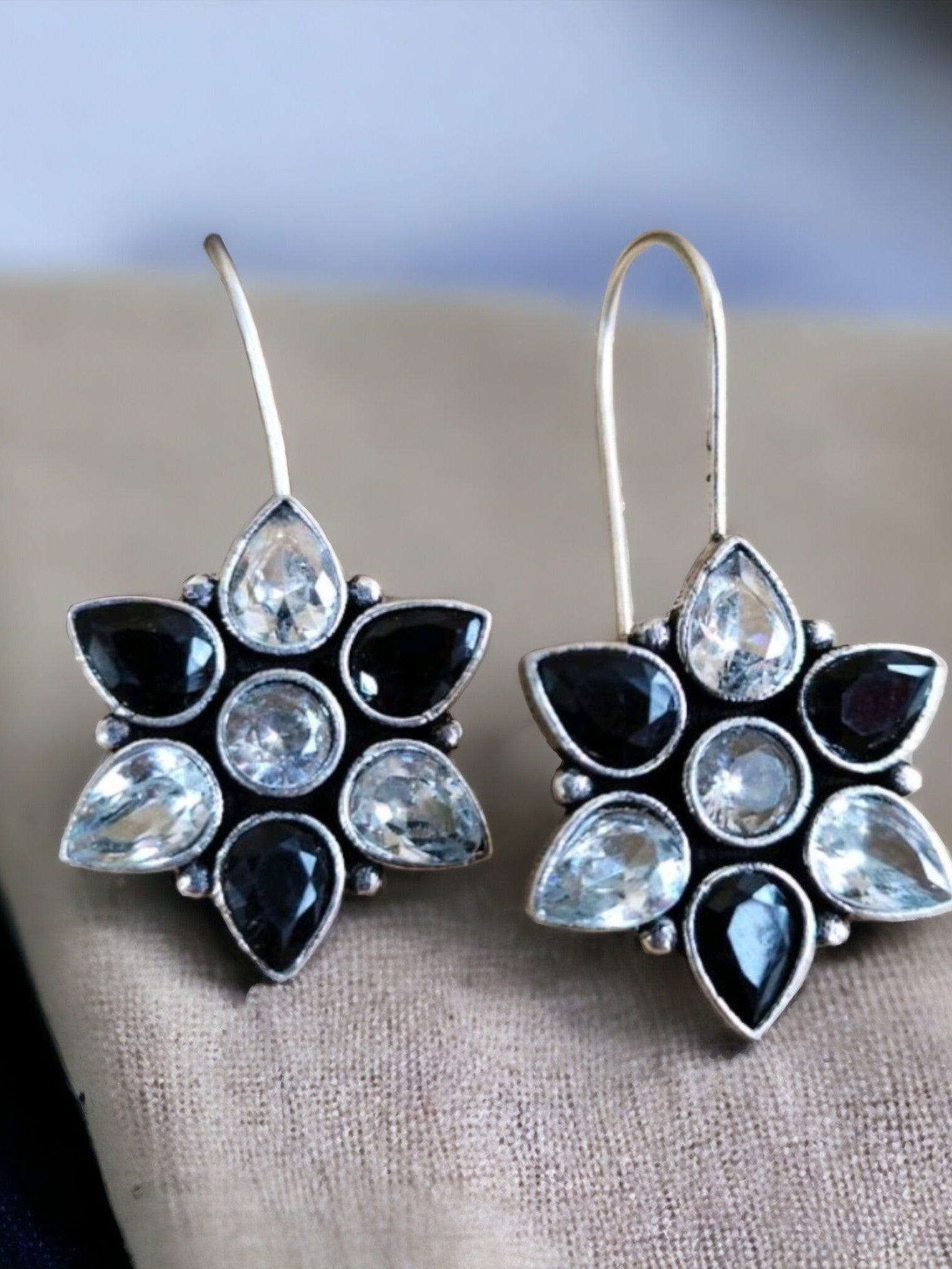 Oxidised Floral Hook Earrings with Multi-Color Stones | Sarichka