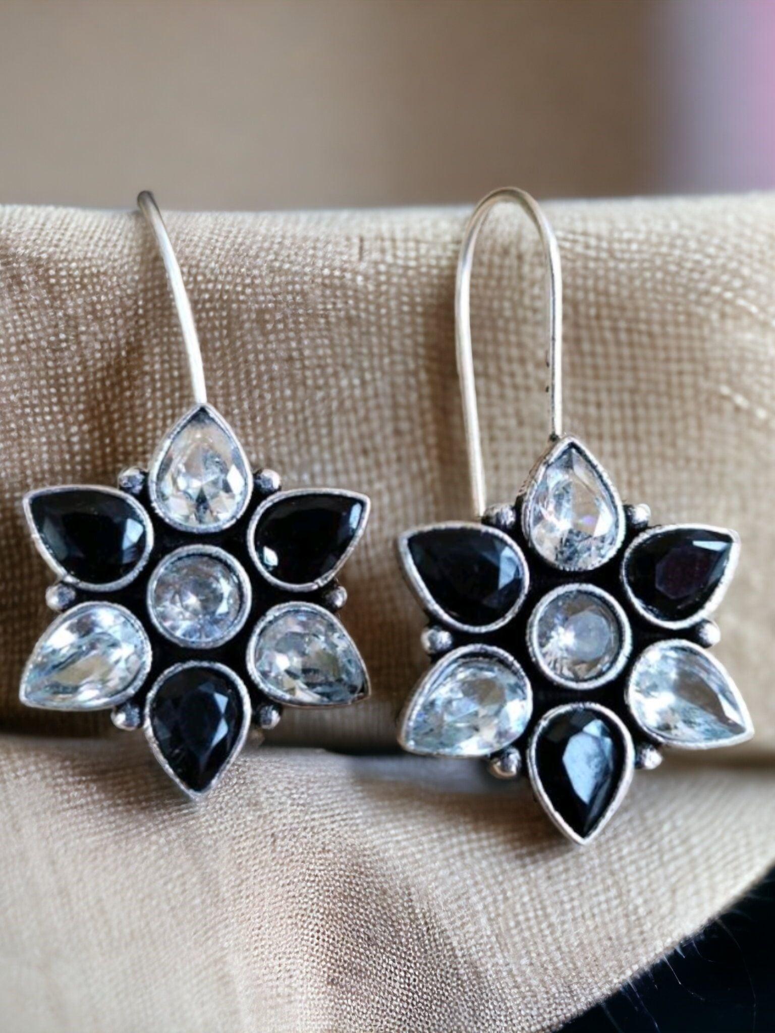 Oxidised Floral Hook Earrings with Multi-Color Stones | Sarichka