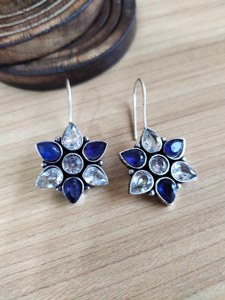 Oxidised Floral Hook Earrings with Multi-Color Stones | Sarichka