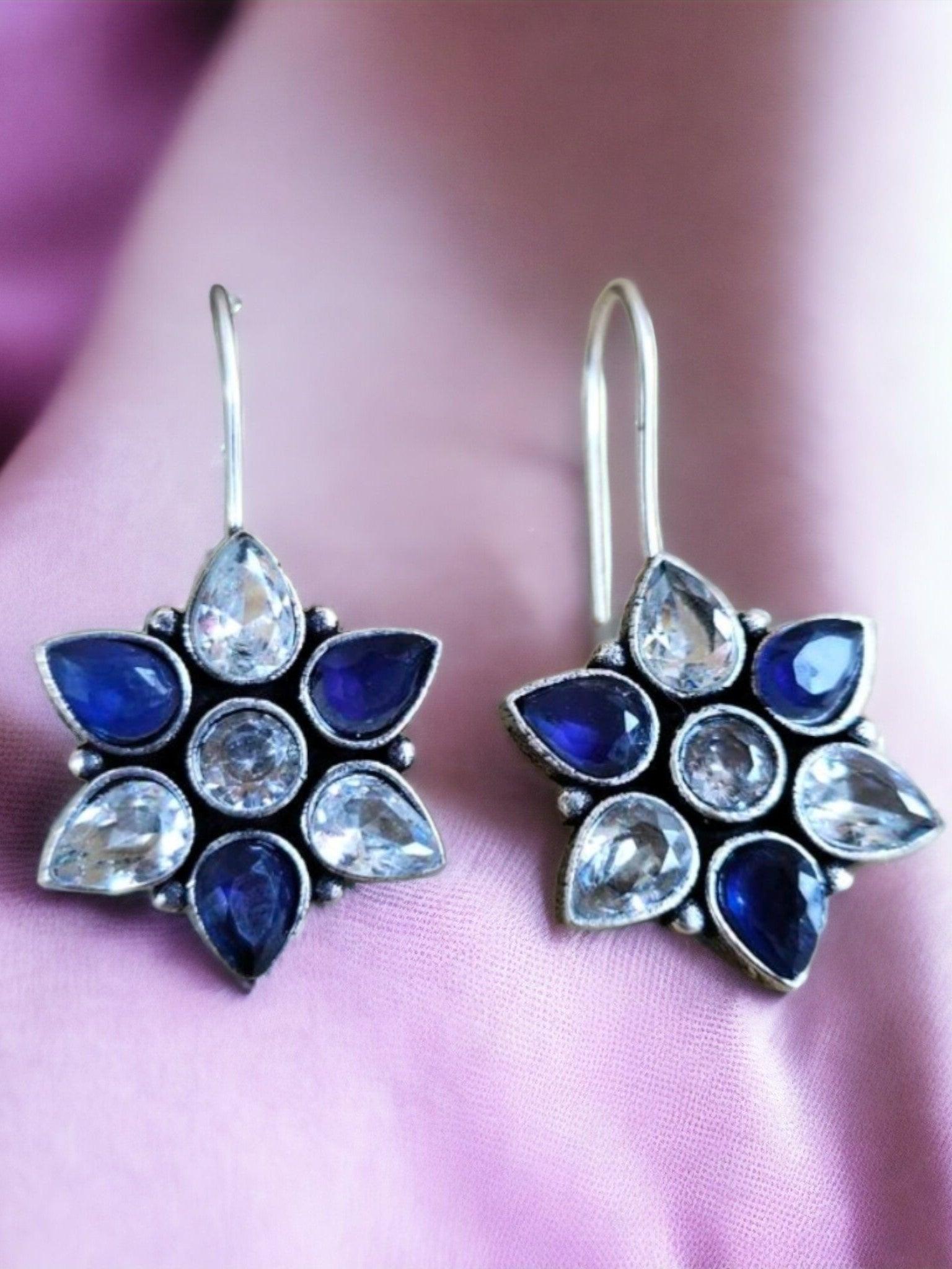Oxidised Floral Hook Earrings with Multi-Color Stones | Sarichka