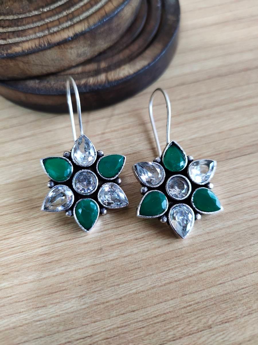 Oxidised Floral Hook Earrings with Multi-Color Stones | Sarichka