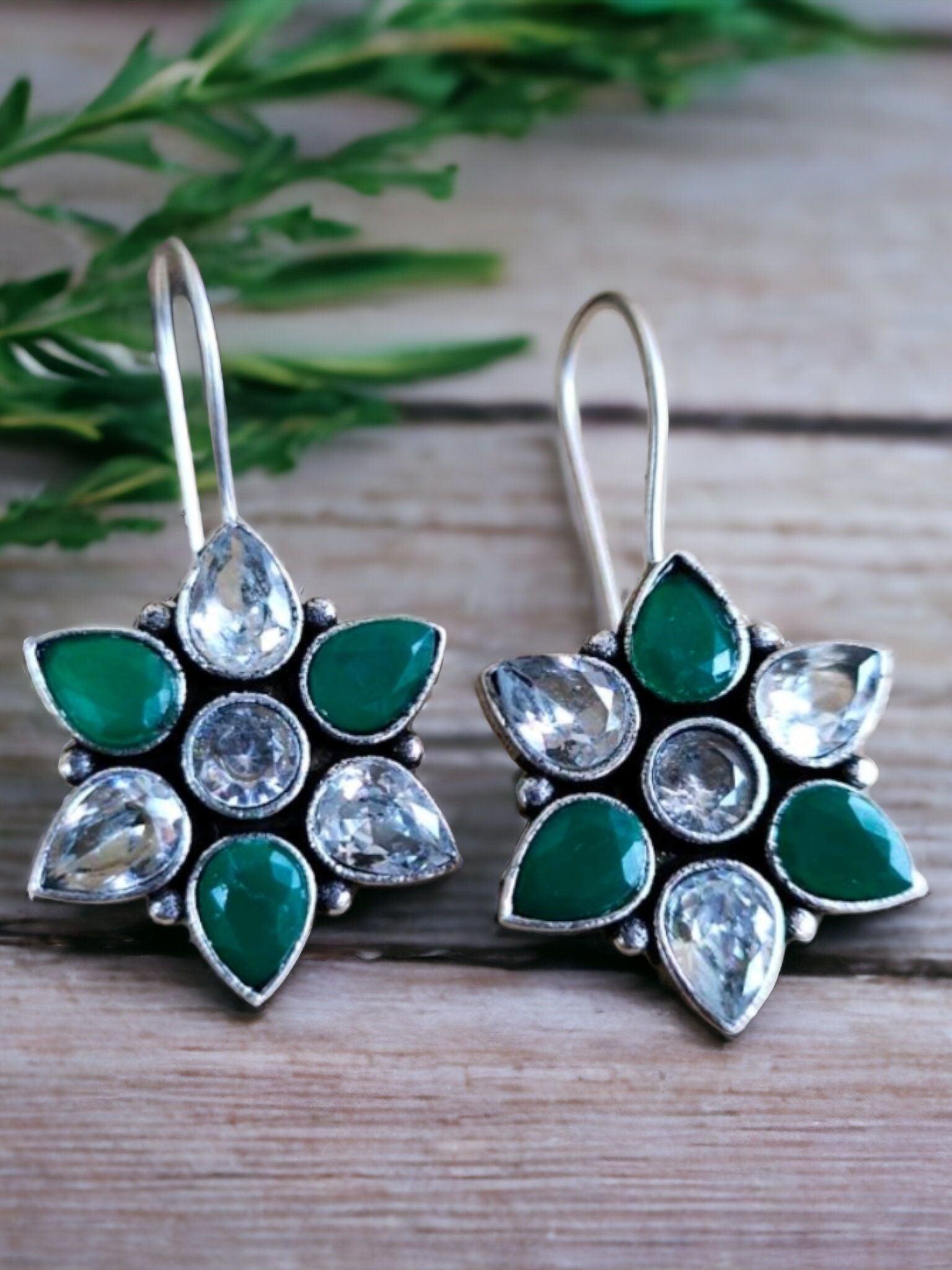 Oxidised Floral Hook Earrings with Multi-Color Stones | Sarichka