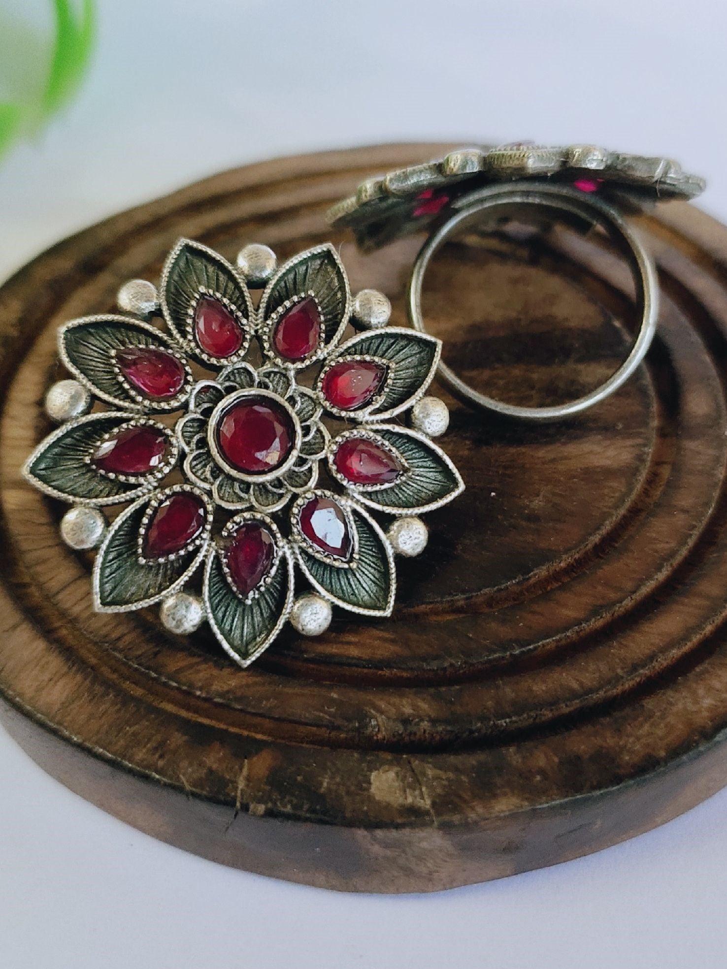 Silver Replica Designer Stone Adjustable Finger Rings for Ethnic Style | Sarichka