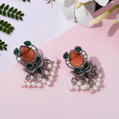 Oxidized Silver Plated Pearl And Stone Studded Earring - Sarichka Fashion