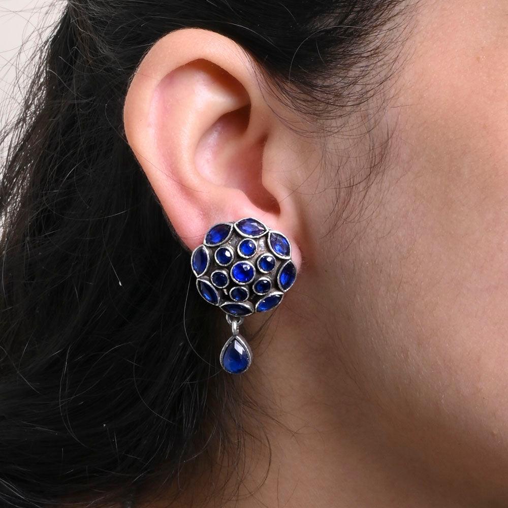 Oxidized Silver Plated Stone Studded Round Stud Earrings - Sarichka Fashion