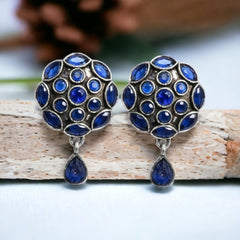 Oxidized Silver Plated Stone Studded Round Stud Earrings - Sarichka Fashion