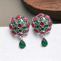 Oxidized Silver Plated Stone Studded Round Stud Earrings - Sarichka Fashion