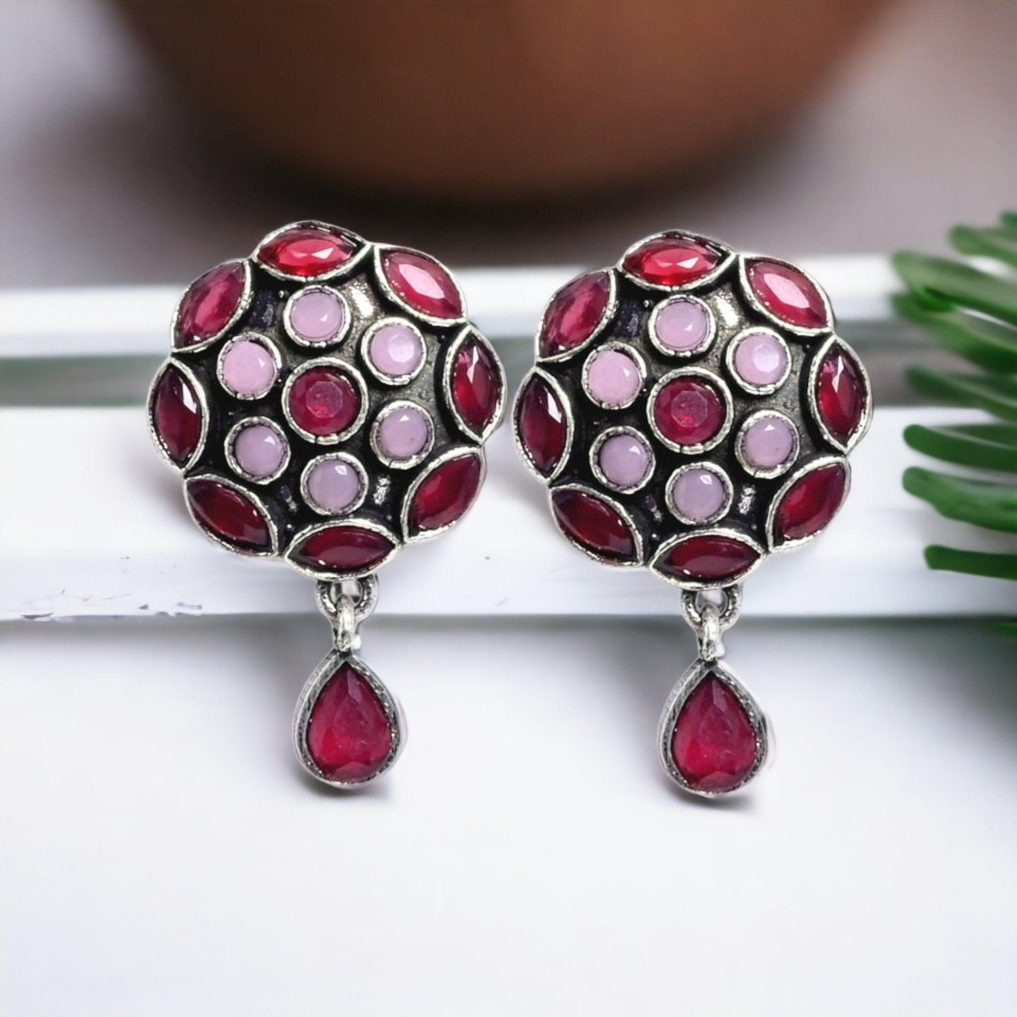 Oxidized Silver Plated Stone Studded Round Stud Earrings - Sarichka Fashion