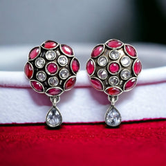 Oxidized Silver Plated Stone Studded Round Stud Earrings - Sarichka Fashion