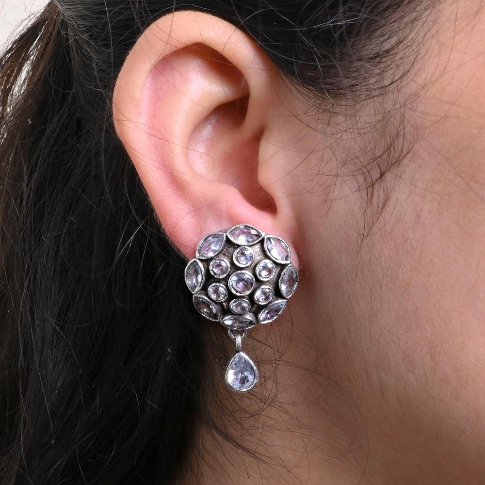 Oxidized Silver Plated Stone Studded Round Stud Earrings - Sarichka Fashion