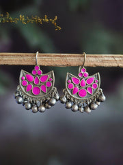 Oxidized Silver Plated Enamel Earring With Ghunghroo Work