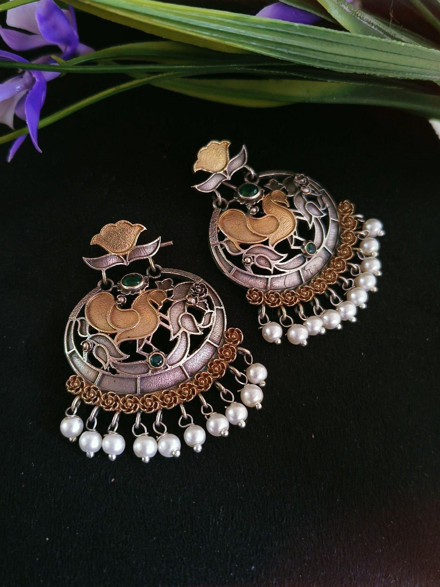 Dual Tone Silver Oxidized Moon Balli Dangler Earrings – Elegant Design | Sarichka