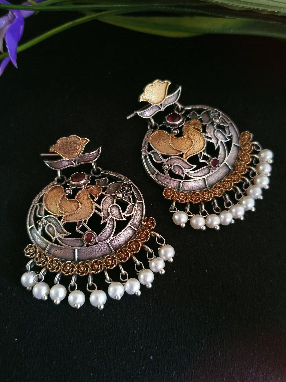 Dual Tone Silver Oxidized Moon Balli Dangler Earrings – Elegant Design | Sarichka