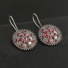 Rounded Floral Oxidised Hook Earrings | Sarichka