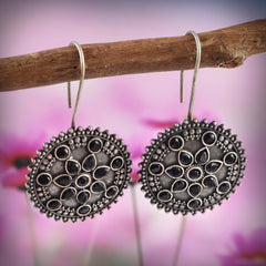 Rounded Floral Oxidised Hook Earrings | Sarichka