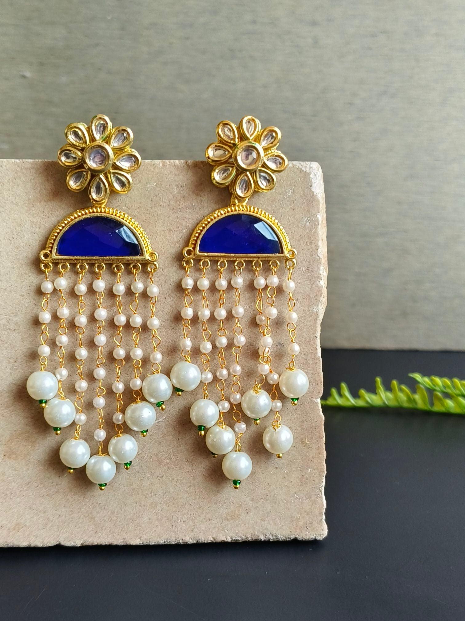 Gold Plated Long Earring with D Shape Monalisa Stone | Sarichka